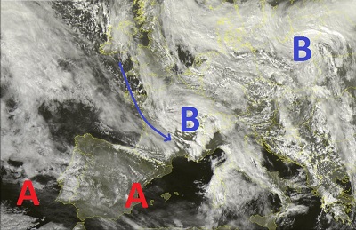 Immagine satellitare relativa alle ultime ore, con il continuo afflusso di correnti perturbate Atlantiche sulla nostra penisola in attesa di una nuova perturbazione in arrivo dalla Francia fra questa sera e domani.
