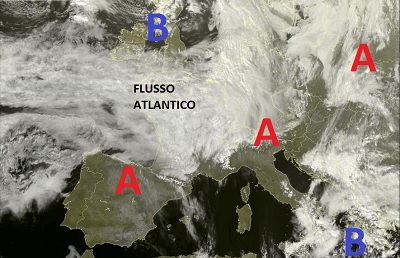 Situazione satellitare relativa alle ultime ore, con della residua instabilità dovuta ancora alla presenza del vortice di bassa pressione sulle regioni meridionali, mentre il tempo si presenta stabile e ben soleggiato altrove, mentre il flusso perturbato Atlantico scorre sull'Europa centrale grazie alla rimonta dell'alta pressione sul Mediterraneo.
