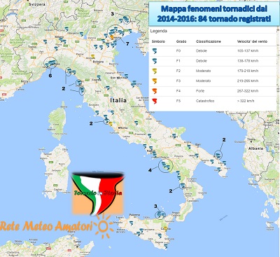 La mappa relativa agli eventi tornadici avvenuti in Italia fra il 2014 ed il 2016. Con ben 84 eventi tornadici distinti registrati. Fonte: http://retemeteoamatori.altervista.org/blog/29-tornado-registrati-italia-nel-2016/