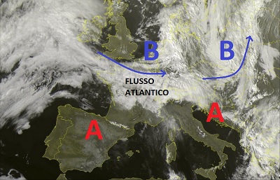 Situazione satellitare relativa alle ultime ore, con l'alta pressione ormai protesa verso il Mediterraneo a garantire un tempo stabile, soleggiato e mite. Mentre il flusso Atlantico scorre ancora sui paesi dell'Europa centrale.