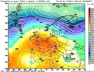 La situazione prevista da GFS00z per Mercoledi 15, con un vasto campo di alta pressione ormai ben saldo fra Italia ed Europa centrale.