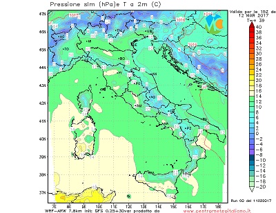 Valori di temperatura massimi attesi sull'italia per le ore centrali della giornata di domani.