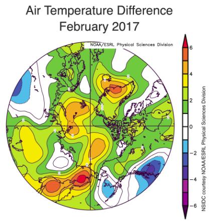Anomalie di temperature sull'Artico per Febbraio 2017 - nsidc.org