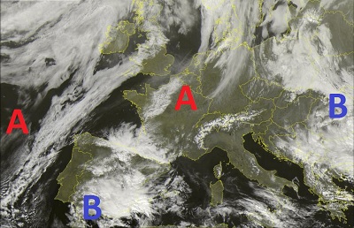 Situazione satellitare relativa alle ultime ore, con un vasto campo di alta pressione in espansione dall'Atlantico verso l'Europa centrale ed il Mediterraneo, mentre della residua nuvolosità e instabilità è presente fra Sicilia e Calabria.