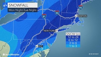 Gli accumuli di neve (in pollici) attesi da Lunedi notte sino a Martedi notte sulle coste nordorientali degli stati uniti. Fonte: www.accuweather.com