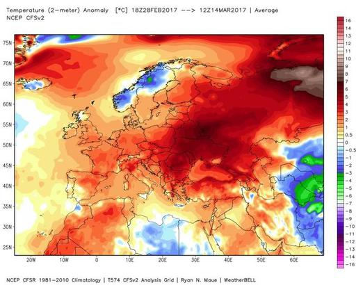 Temperature fino a 7 gradi sopra le medie del periodo sull'Europa, il caldo anomalo di Marzo risparmia solo parte della Scandinavia - models.weatherbell.com