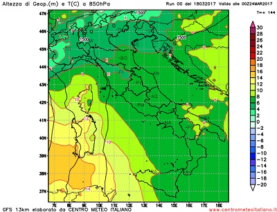 Le temperature ad una quota di circa 1500metri previste per la seconda metà della prossima settimana sull'Italia, con un afflusso mite proveniente dal nord Africa che va interessando in special modo la Sardegna.