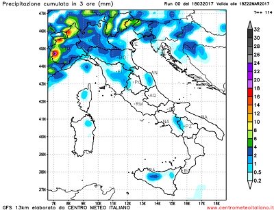Le precipitazioni attese sul nord Italia nella giornata di Mercoledi, con le piogge più intense e diffuse che riguardano le regioni settentrionali.