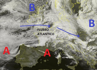 Situazione satellitare relativa alle ultime ore, con il transito di nuvolosità in Italia eccetto sulle regioni meridionali, e la presenza di un flusso atlantico persistente sul comparto Europeo centrale, che va erodendo gradualmente il campo di alta pressione sul Mediterraneo.