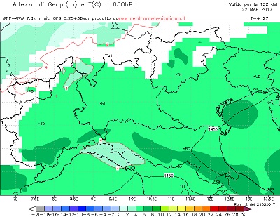 Le temperature attese per la giornata di domani ad una quota di 1500metri, ove si attende una temperatura di +5°C ad indicare uno zero termico atteso attorno ai 2000metri.