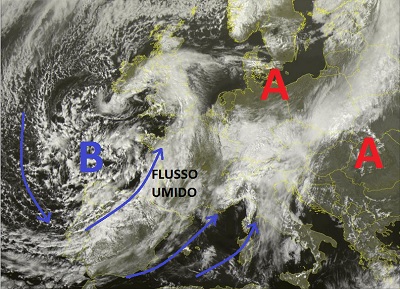 Situazione satellitare relativa alle ultime ore, con la presenza di una vasta circolazione di bassa pressione sull'Europa occidentale a pilotare umide correnti sudoccidentali in prossimità delle regioni centrali e settentrionali Italiane, determinando un peggioramento del tempo. Più stabile e sereno invece al sud.