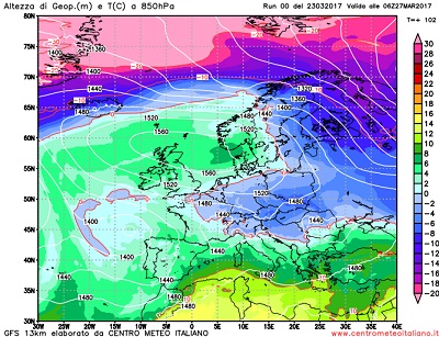 L'ipotesi mattutina del modello GFS00z con l'arrivo verso le regioni settentrionali Italiane di correnti più fredde orientali nella giornata di Lunedi (ipotesi tuttavia da confermare) 