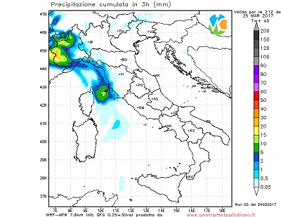 Le precipitazioni attese durante la serata di domani sulle regioni di nordovest, con il clou dei fenomeni atteso in Piemonte, ove si avranno nevicate oltre i 1700metri di quota.