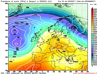 La situazione prevista per la seconda metà della prossima settimana, con un vasto campo di alta pressione disteso verso l'Europa centrale e l'Italia.