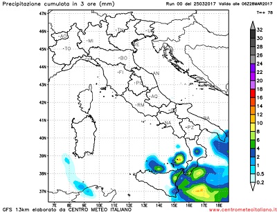 Le precipitazioni attese sulle regioni del sud Italia durante la mattinata di Martedi, per infiltrazioni più umide orientali.
