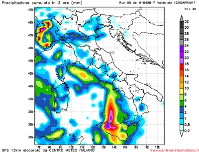 Le precipitazioni attese sull'Italia durante la mattinata di domani, con una diffusa e marcata instabilità, ed i fenomeni maggiori attesi sulla Sicilia.