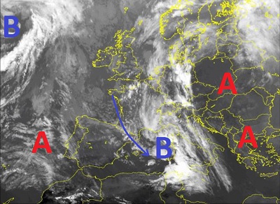 Situazione satellitare relativa alle ultime ore, con la presenza di una perturbazione Atlantica sul Mediterraneo, che va determinando rovesci sulle regioni nordoccidentali e sulla Sardegna.