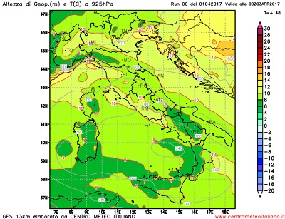 Le temperature attese a circa 700 e 800metri di quota nella notte su Lunedi, con un modesto calo delle temperature atteso sulle regioni meridionali.