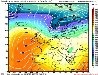 La situazione prevista da GFS00z per Mercoledi 5 , con l'Italia ancora scoperta da infiltrazioni più instabili nordorientali e settentrionali, mentre un vasto campo di alta pressione si estende fra l'oceano Atlantico e l'Europa occidentale.