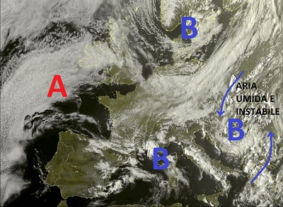 Situazione satellitare relativa alle ultime ore, con la presenza di una spiccata instabilità sulle aree appenniniche centrali, instabilità dovuta alla presenza di aria umida e instabile presente inoltre anche su gran parte del comparto Europeo orientale.