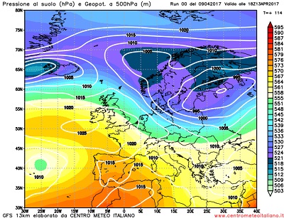 Situazione prevista da GFS00z per la seconda metà della prossima settimana, con l'Italia ancora interessata da infiltrazioni più instabili nordoccidentali, mentre l'alta pressione rimane defiliata verso l'Europa occidentale.
