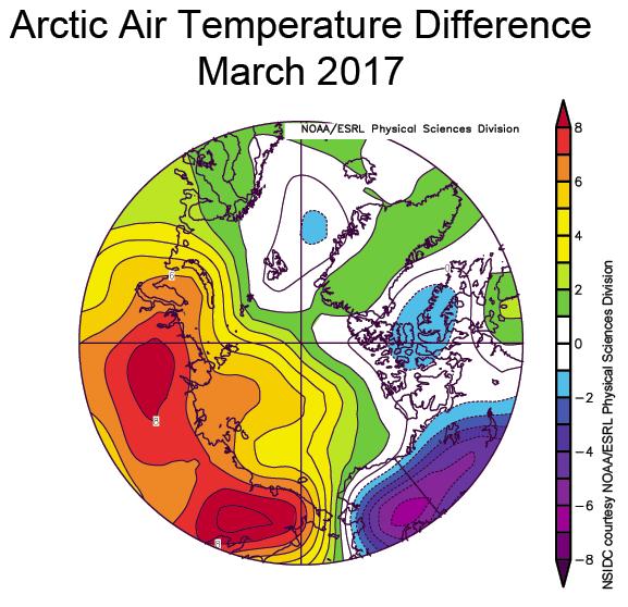 Anomalie di temperatura sull'Artico nel mese di Marzo 2017 - nsidc.org