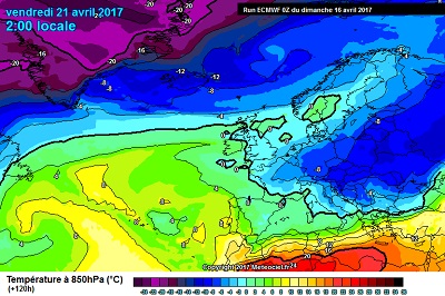 Le temperature a circa 1500metri di quota previste dal modello Europeo ECMWF00z nella notte su Venerdi, a conferma della persistenza di correnti d'aria fredda sull'Italia anche nella seconda metà della settimana entrante.
