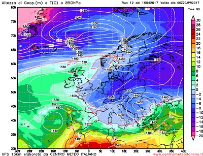 Le temperature attese a circa 1400metri di quota per la mattinata di Giovedi, quando l'aria fredda avrà ormai interessato gran parte del continente Europeo ed anche l'Italia, con nevicate a bassa quota sui rilievi Appenninici centrali.