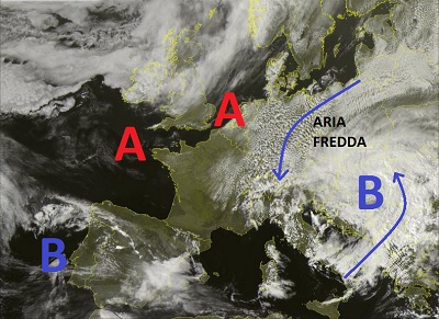 Situazione satellitare relativa alla giornata odierna, con la presenza di una vasta circolazione di bassa pressione sull'Europa orientale che va coinvogliando una massa d'aria fredda di estrazione artica sull'Italia, determinando diffusa instabilità con nubi anche compatte.
