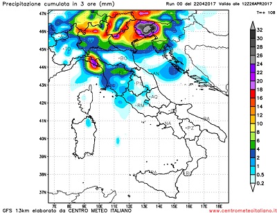 Le precipitazioni attese sulle regioni del nord Italia nella giornata di Mercoledi, al transito della parte più attiva della Perturbazione, con neve sulle Alpi a quote medio alte, in calo in serata. 