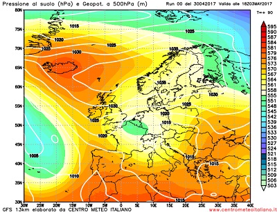La situazione attesa per la giornata di Mercoledi 3 Maggio, con la presenza di una circolazione di bassa pressione fra la Francia e il nord Italia, a determinare un tipo di tempo volto all'instabilità sulle regioni settentrionali.