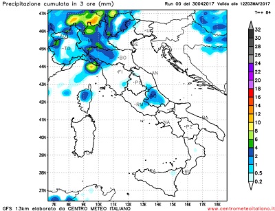 Le precipitazioni attese per la giornata di Mercoledi sulle regioni del nord Italia, ad evidenziare una diffusa instabilità. 