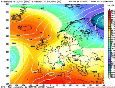 Analisi modelli GFS00Z:  prolungate fase instabili al Nord, localmente anche sulle regioni centrali 1 maggio 2017. Incerta l’evoluzione per il prossimo week end