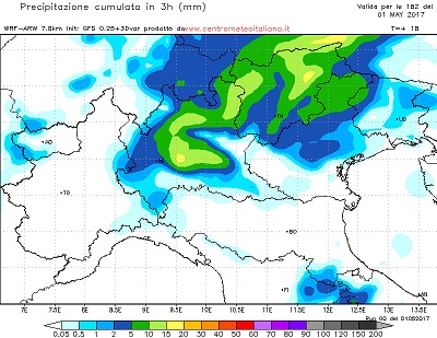 Le precipitazioni previste dal nostro WRF fra il pomeriggio e la serata odierna, con un trasferimento delle piogge dal nordovest verso le regioni di nordest.