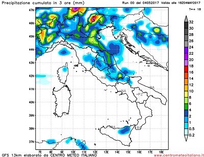Le precipitazioni attese per la serata odierna, quando si attende un nuovo marcato aumento dell'instabilità specie sulle regioni del nord Italia.