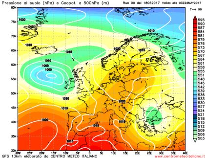Analisi modelli GFS00Z: dopo il maltempo al Nord, incerta l’evoluzione al Sud. Vediamo quanto emesso dal modello americano la mattina di oggi 18 maggio 2017