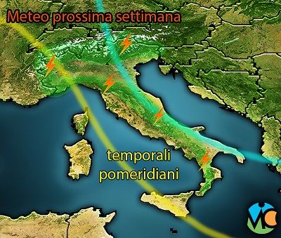 Meteo prossima settimana: correnti nord occidentali sull' Italia e possibili temperali pomeridiani sui settori interni