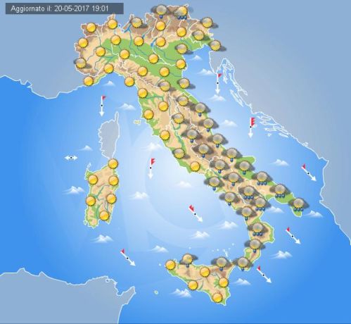 Previsioni meteo Italia 21 maggio: rovesci e temporali al Centro-Sud, generale miglioramento sulle regioni settentrionali
