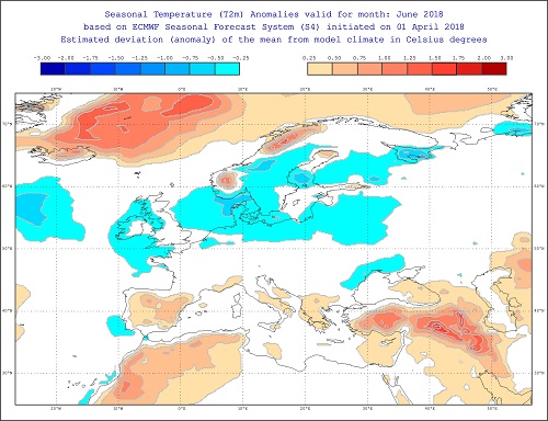 Anomalie di temperature per giugno 2018 secondo il modello ECMWF - effis.jrc.ec.europa.eu