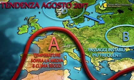 Tendenza meteo per agosto 2017 in Italia: ancora anticiclone prevalente con clima secco e temperature sopra le medie del periodo. Tendenza meteo per agosto 2017 in Italia: ancora anticiclone prevalente con clima secco e temperature sopra le medie del periodo.