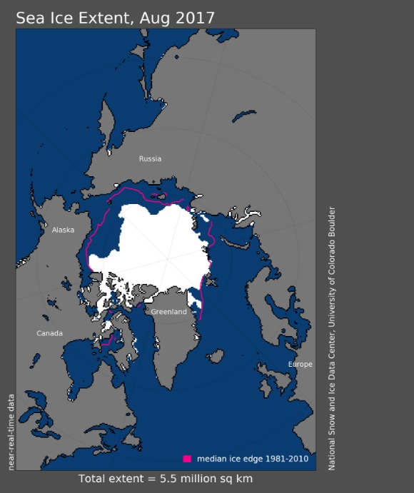 Estensione del ghiaccio artico nel mese di agosto al terzo posto tra le più basse di sempre - nsidc.org Estensione del ghiaccio artico nel mese di agosto al terzo posto tra le più basse di sempre - nsidc.org