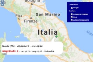 Terremoto oggi Umbria 7 novembre 2017, scossa M 2.0 provincia di Perugia - Dati Ingv