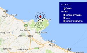 Terremoto oggi Puglia 27 novembre 2017, scossa M 3.6 costa garganica - Dati Ingv