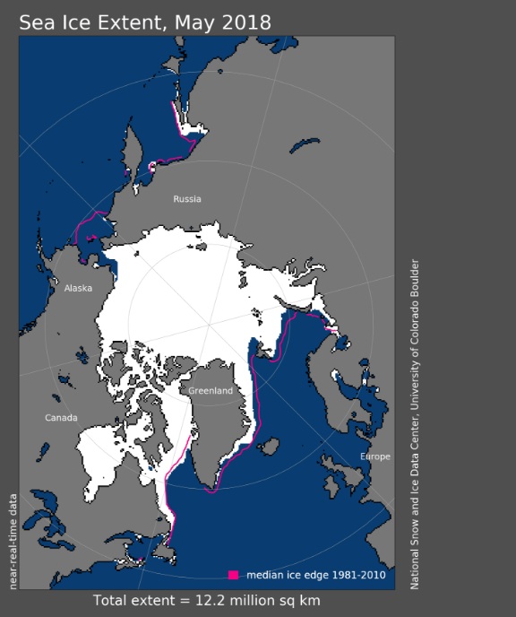 Estensione del ghiaccio marino dell'Artico nel mese di maggio 2018 - nsidc.org