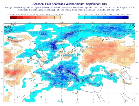 Anomalie di precipitazione previste dal modello ECMWF per settembre 2018 - effis.jrc.ec.europa.eu