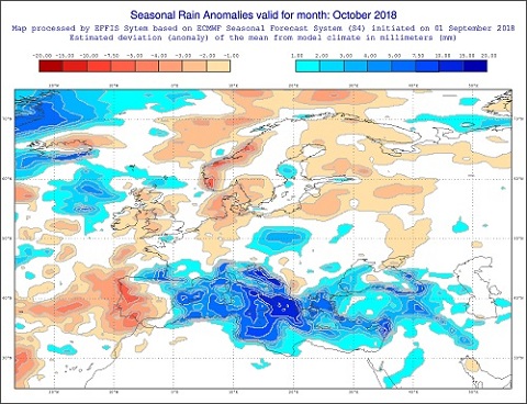 Anomalie di precipitazione previste dal modello ECMWF per ottobre 2018 - effis.jrc.ec.europa.eu Anomalie di precipitazione previste dal modello ECMWF per ottobre 2018 - effis.jrc.ec.europa.eu
