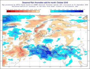 Anomalie di precipitazione previste dal modello ECMWF per ottobre 2018 - effis.jrc.ec.europa.eu