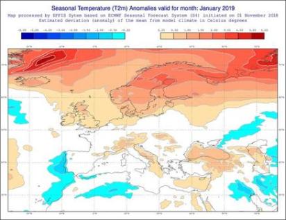 Anomalie di temperatura previste dal modello ECMWF per gennaio 2019 - effis.jrc.ec.europa.eu Anomalie di temperatura previste dal modello ECMWF per gennaio 2019 - effis.jrc.ec.europa.eu