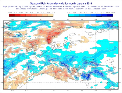 Anomalie di temperatura previste dal modello ECMWF per gennaio 2019 - effis.jrc.ec.europa.eu Anomalie di temperatura previste dal modello ECMWF per gennaio 2019 - effis.jrc.ec.europa.eu
