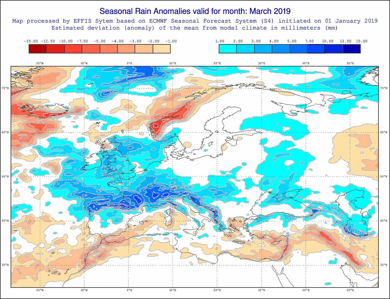 Anomalie di precipitazione per Marzo 2019 secondo il modello ECMWF - effis.jrc.ec.europa.eu Anomalie di precipitazione per Marzo 2019 secondo il modello ECMWF - effis.jrc.ec.europa.eu
